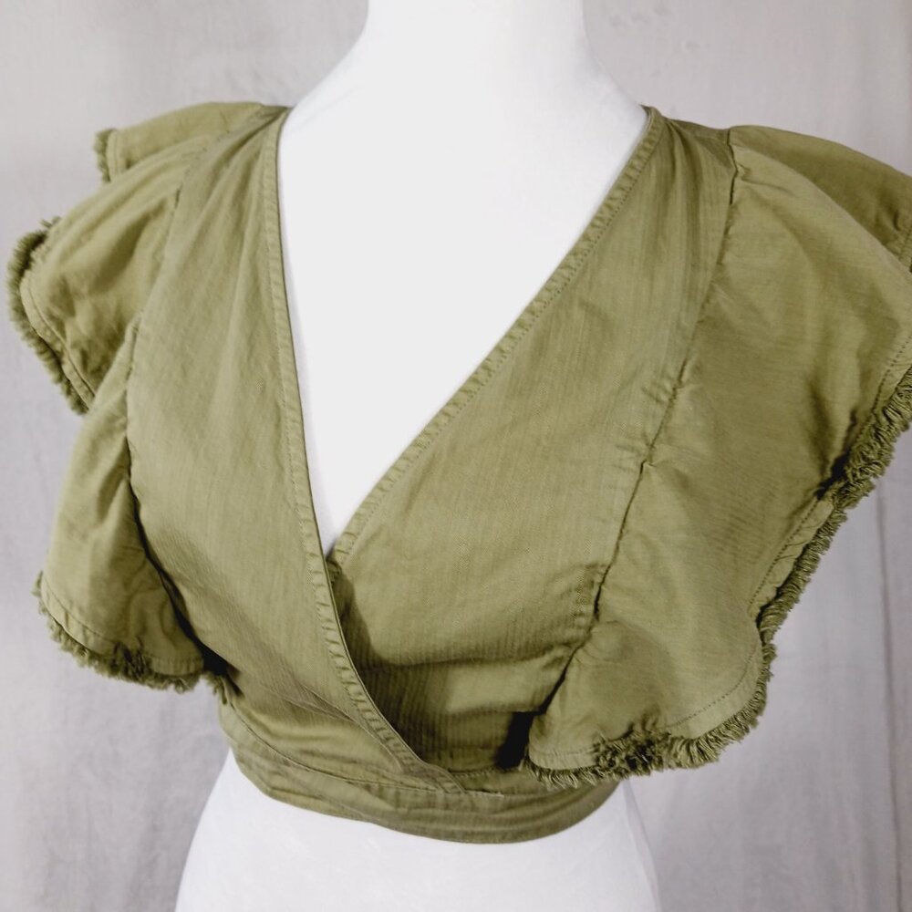 DO + BE, Khaki Green Crop Top Wrap Tie Waist Ruffled Sleeves Cotton, Festival, S - Picture 5 of 13
